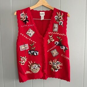 Vintage Koret‎ City Blues red embroidered knit vest floral owl patchwork size S